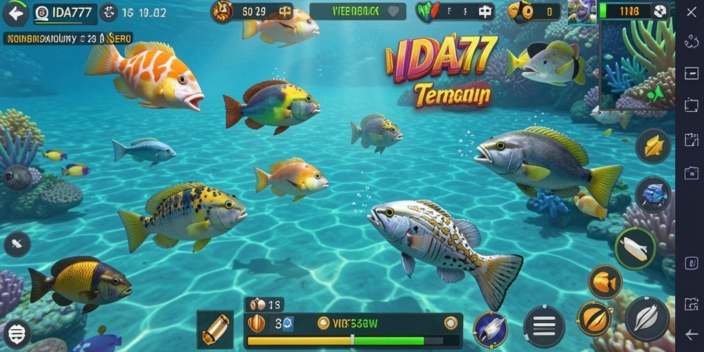 Screenshot gameplay IDA777 dengan ikan yang beragam di layar.