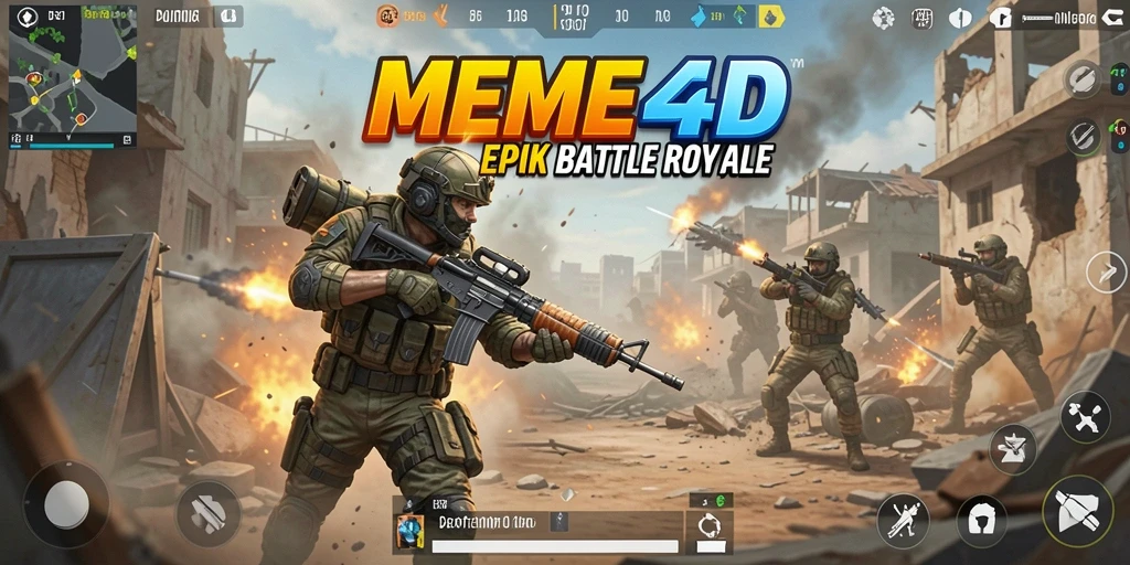 Screenshot utama MEME4D dengan aksi Battle Royale yang menegangkan.
