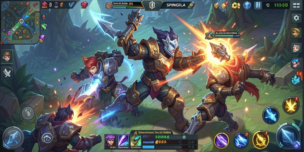 Tampilan gameplay SPINGILA yang penuh aksi di arena pertarungan MOBA.